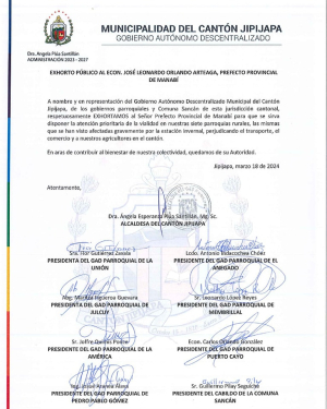 EXHORTO PÚBLICO AL ECON. JOSÉ LEONARDO ORLANDO ARTEAGA, PREFECTO PROVINCIAL DE MANABÍ