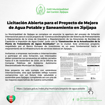 Licitación Abierta para el Proyecto de Mejora de Agua Potable y Saneamiento en Jipijapa.